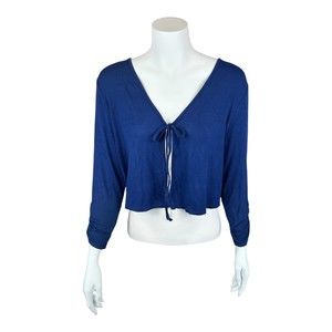 Truth + Style Women's Knit Tie Front Cropped Cardigan Solid Navy Medium Size
